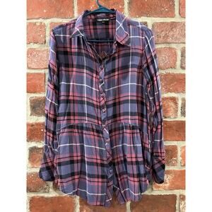 Tolani Plaid Button Down Embroidered Tunic Pockets Flannel Size Small